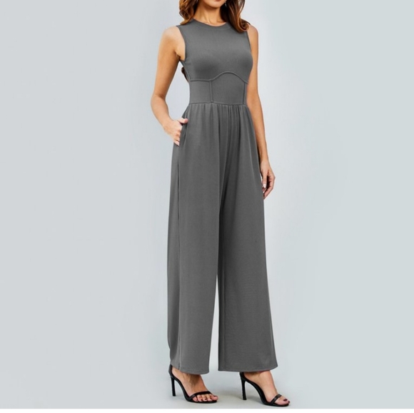 Cider Pants - Cider NWT size L Large Women's jumpsuit Grey shiny grey wide legged